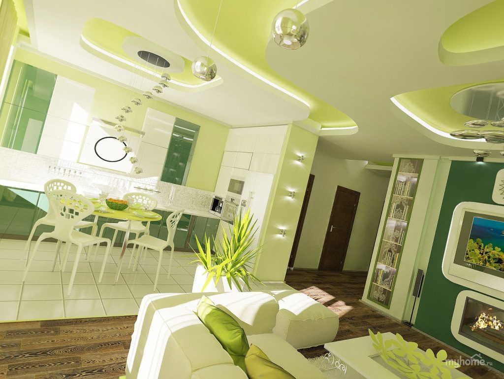 Кухня гостиная в зеленых тонах - 54 фото