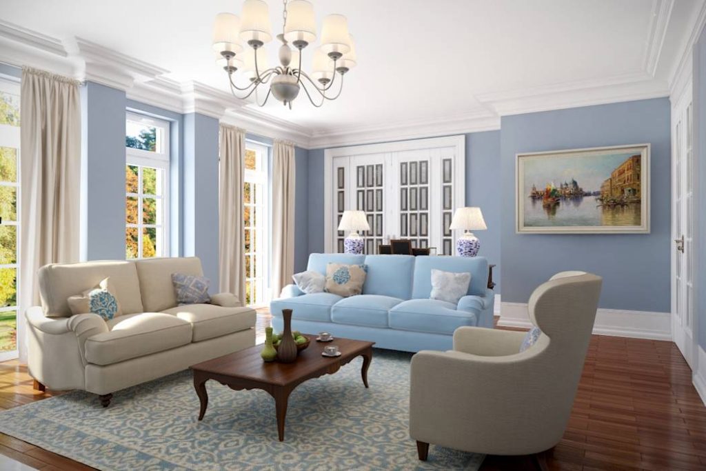 Голубая гостиная: выбираем обои на стены, шторы, диван в зал, 50 фото идей
