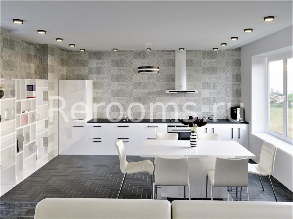 Кухня-гостиная 38.3 м², стиль Хай-тек: купить готовый дизайн-проект  кухни-гостиной в стиле Хай-тек для жк лайт сити ls - ReRooms