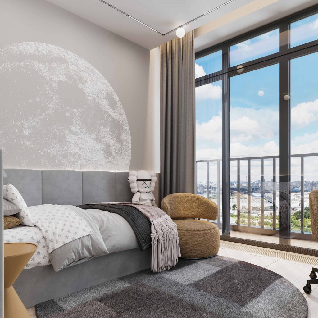 Рисунок над кроватью изображающий луну. Дизайн и ремонт квартиры в ЖК  «Ривер Парк» — Островок уюта