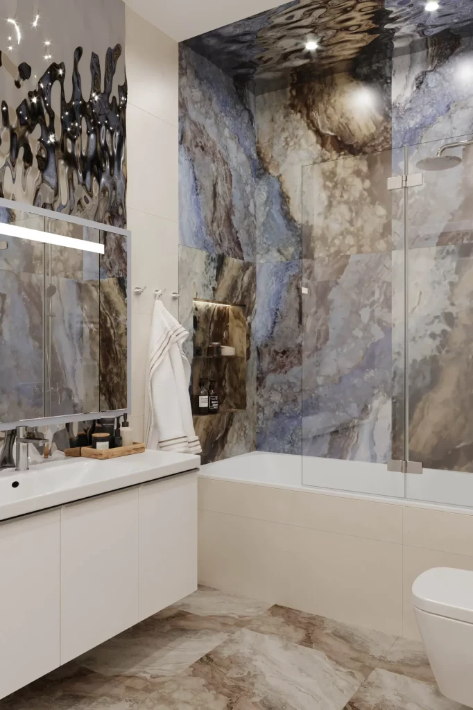 Вид сбоку на ванную и раковину. Дизайн и ремонт квартиры в ЖК «Город на  реке Тушино-2018» — Тропический остров