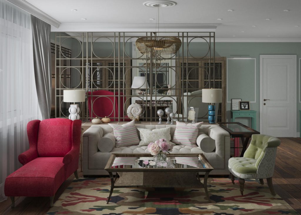 Яркая гостиная с белым диваном и розовым креслом — Roomble.com