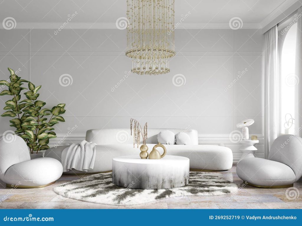 современный дизайн интерьера. белая гостиная с диваном и круглыми креслами.  Ударный кофейный стол и люстра. домашний Иллюстрация штока - иллюстрации  насчитывающей латунные, канделябр: 269252719