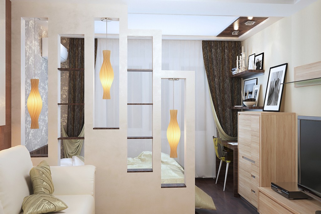 Дизайн комнаты 20 кв м спальни и гостиной вместе, идея зонирования, фото