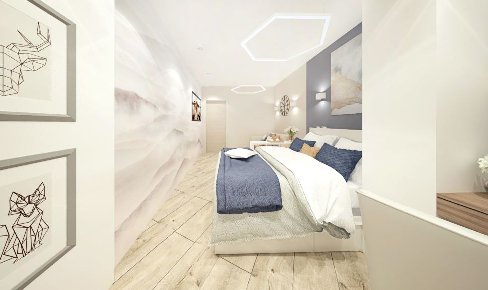 Спальня-гостиная 15 кв.м в светлых тонах ➤ смотреть фото дизайна интерьера