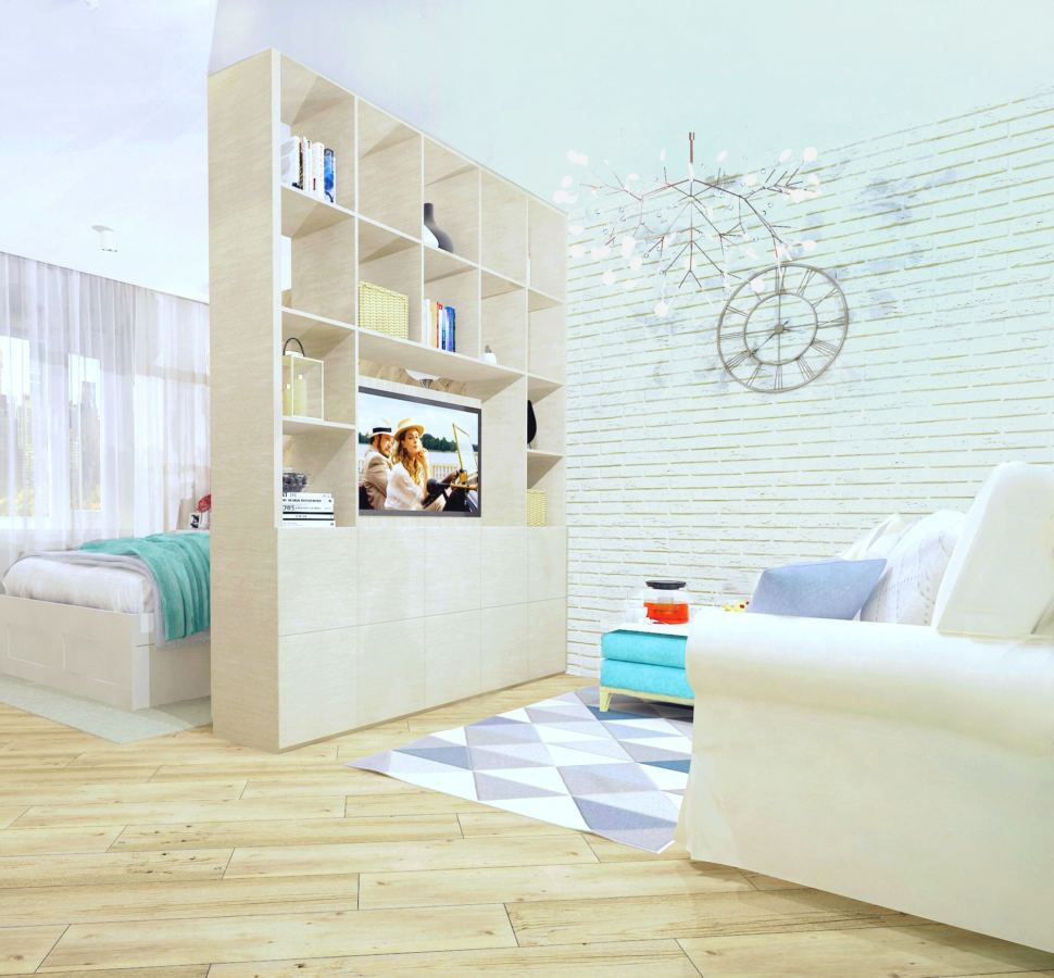 Гостиная-спальня 19 кв.м в современном стиле с элементами скандинавского  стиля ➤ смотреть фото дизайна интерьера