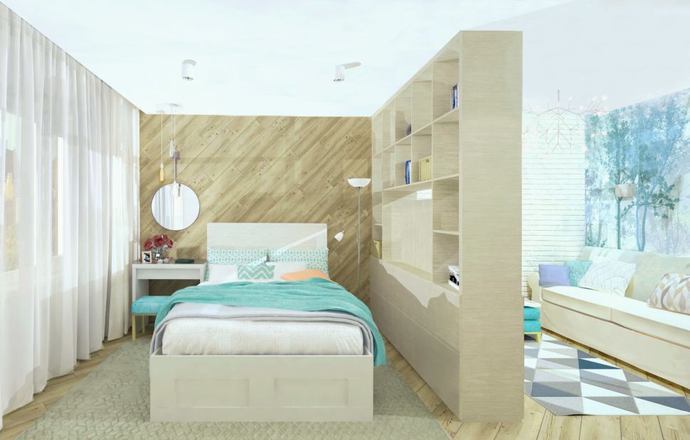 Гостиная-спальня 19 кв.м в современном стиле с элементами скандинавского  стиля ➤ смотреть фото дизайна интерьера