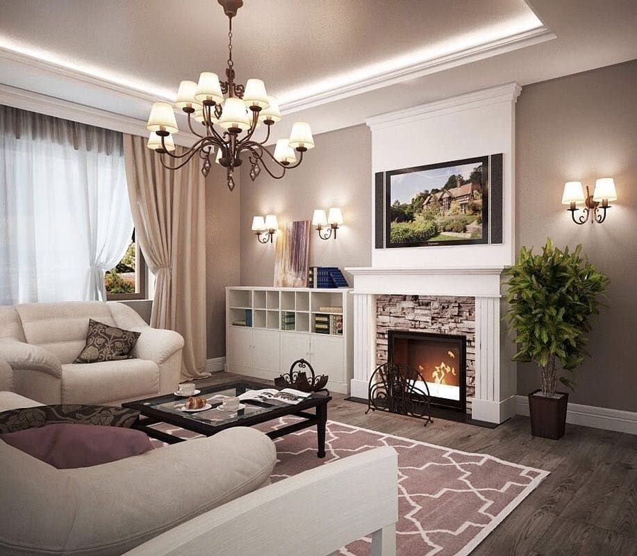 Гостиная с камином. Нравится? | Apartment interior, Living room with  fireplace, House design